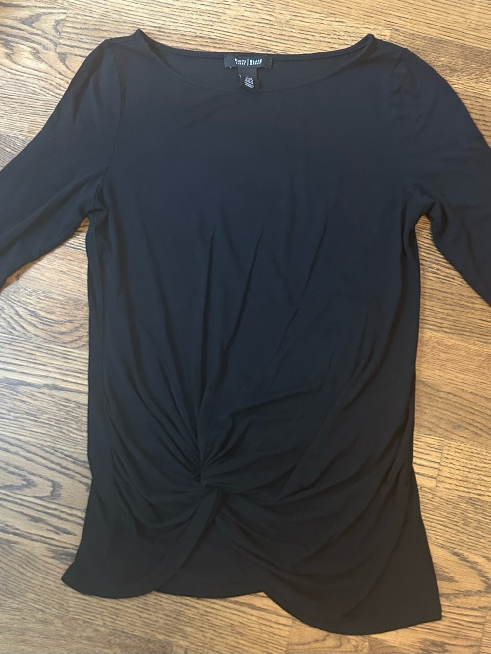 Black Twist-Knot 3/4 sleeve Top with gold button accents. For pants or skirts